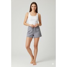 Mbb E-Ticaret Düz Renk Mini Çiçek Desenli Penye Kadın Ev Şortu Bacak Dantel Detaylı Ev Giyim Gri