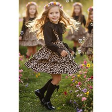 Kız Çocuk Helen Leopar Desenli Askılı Kat Kat Bağlama Jile Elbise Dantel Detay Uzun Kollu Bluz Takım TKM-0190.57