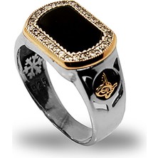 Besen Gümüş Siyah Taş Etrafına Zirkon Taş İşlemeli Kenarları Tuğralı Gümüş Yüzük