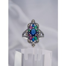 Yıldırım Renkli Doğal Taşlı Çiçek Motifli 925 Ayar Gümüş Kadın Yüzük – Işıltılı ve Zarif Tasarım