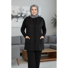 Hermevsim Hesna Kadın Alçin Büyük Beden 2 Ip Kristal Taşlı Cepli Siyah Yelek