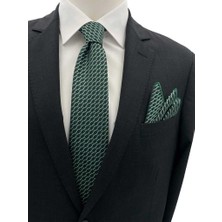 Brianze 7 cm Yeşil Siyah Beyaz Desenli Kravat Mendil Set