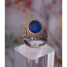 Yıldırım Lacivert Doğal Taşlı Altın Detaylı 925 Ayar Gümüş Erkek Yüzük – Gösterişli ve Asil Tasarım