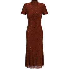 AGM Otoportreself-Portrait Özel Tasarım Kare Taşlı Midi Elbise, Taş Işlemeli Tül Kahve Elbise