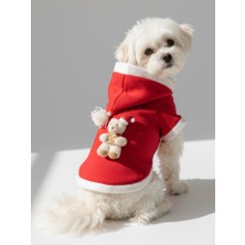 Kemique Snow Bear Kırmızı Xmas Köpek Kıyafeti | Kapüşonlu Polar Noel Sweatshirt | Küçük Irklar Için