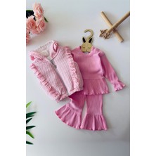 Miniğimin Cicileri Fırfır Detaylı Kapişonlu Simli Yelekli Kız Çocuk 3 Lü takım - Pembe