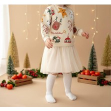 BeU Kids Kız Çocuk Tüllü ve Pamuk Astarlı Krem Rengi Sweetshirt Elbise %100 Pamuk Fırçalı Kumaş 3 Iplik Kışlık 2-8 Yaş