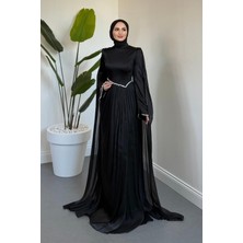 Merven Akyüz Nuvell Beli ve Kol Ucu Taşlı Abiye Siyah