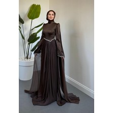 Merven Akyüz Nuvell Beli ve Kol Ucu Taşlı Abiye Kahverengi