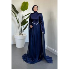 Merven Akyüz Nuvell Beli ve Kol Ucu Taşlı Abiye Lacivert