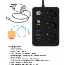 CAILON Termal Akım Korumalı 3lü Priz 2-Usb 1-Usbc 2mt Kablo Aç Kapa Anahtar 2500 Watt