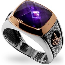 Besen Gümüş Ametist Taşlı Kenarları Tuğralı Yüzük