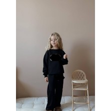 Sacro Kids Siyah Işlemeli  Şardonlu 3 Iplik Sweatshirt-Eşofman Altı Kışlık Kız Çocuk Takım