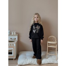 Sacro Kids Love Yazılı Renkli Şardonlu 3 Iplik Sweatshirt-Eşofman Altı Kışlık Kız Çocuk Takım