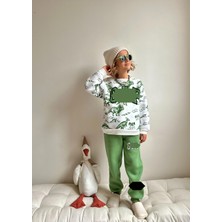 Sacro Kids Dinozor Hayvan Figürlü Dijital Baskılı 3 Iplik Şardonsuz Sweatshirt-Eşofman Altı Kışlık Erkek Çocuk Takım