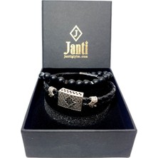 JTAW25BLK1609 Hakiki Deri Zirkon Taşlı Alaşımlı Metal Mıknatıs Kapama ile Onyx ve Hematit Doğaltaş Esnek Kombin Siyah Garantili Hediye Kutulu Janti Bileklik