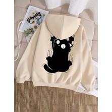 Kids Face Özel Tasarım Kapüşonlu Siyah Yaramaz Kedicik Sırt Baskılı %100 Pamuk Kız Çocuk Sweatshırt