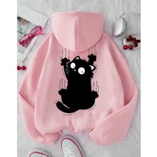 Kids Face Özel Tasarım Kapüşonlu Siyah Yaramaz Kedicik Sırt Baskılı %100 Pamuk Kız Çocuk Sweatshırt