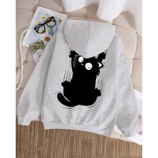 Kids Face Özel Tasarım Kapüşonlu Siyah Yaramaz Kedicik Sırt Baskılı %100 Pamuk Kız Çocuk Sweatshırt