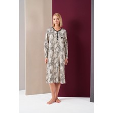 Pjs 26024 Kadın Patlı Dantel Detaylı Desenli Uzun Kol Gecelik