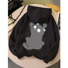 Kids Face Özel Tasarım Kapüşonlu Siyah Yaramaz Kedicik Sırt Baskılı %100 Pamuk Kız Çocuk Sweatshırt