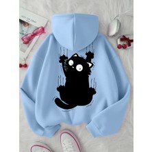 Kids Face Özel Tasarım Kapüşonlu Siyah Yaramaz Kedicik Sırt Baskılı %100 Pamuk Kız Çocuk Sweatshırt