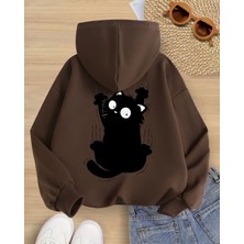 Kids Face Özel Tasarım Kapüşonlu Siyah Yaramaz Kedicik Sırt Baskılı %100 Pamuk Kız Çocuk Sweatshırt