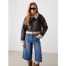 LC Waikiki Xsıde Kahverengi Kürk Yaka Kadın Deri Görünümlü Mont