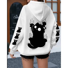 Punix Punıx Büyük Beden Özel Seri  Kapüşonlu Siyah Kedi Kol Sırt Baskılı Oversize Modern Kadın Sweatshırt