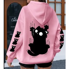Punix Punıx Büyük Beden Özel Seri  Kapüşonlu Siyah Kedi Kol Sırt Baskılı Oversize Modern Kadın Sweatshırt