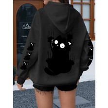 Punix Punıx Büyük Beden Özel Seri  Kapüşonlu Siyah Kedi Kol Sırt Baskılı Oversize Modern Kadın Sweatshırt