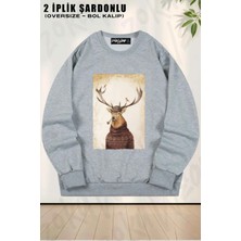 Unisex Pipo Içen Geyik Baskılı Oversize Bisiklet Yaka Sweatshirt