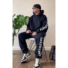 Amor Man Büyük Beden Özel Tasarım Kapüşonlu Tribal Motto Baskılı %100 Pamuk Kışlık Hip Hop Erkek Eşofman Takımı