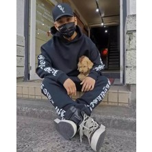 Amor Man Büyük Beden Özel Tasarım Kapüşonlu Tribal Motto Baskılı %100 Pamuk Kışlık Hip Hop Erkek Eşofman Takımı