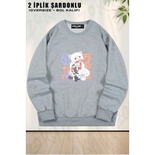 Unisex Gintama Style Cute Baskılı Oversize Bisiklet Yaka Sweatshirt