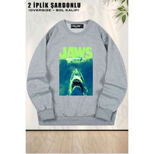 Unisex Jaws Surfacing Neon Poster Baskılı Oversize Bisiklet Yaka Sweatshirt