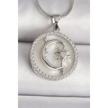 ForWhat Hediye Takı için Kadın Kolye Çelik Zincir Zirkonlu Ak Sedef Ayyıldızlı