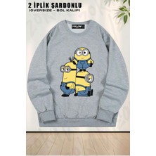 Unisex Minyonlar Baskılı Oversize Bisiklet Yaka Sweatshirt