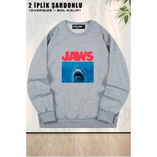 Unisex Jaws Classic Baskılı Oversize Bisiklet Yaka Sweatshirt