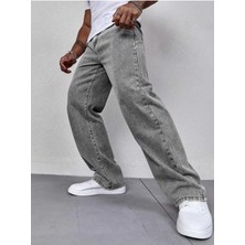 Cuqq Denim Erkek Gri Asit Yıkamalı Baggy Kot Pantolon Rahat Kesim Oversize Günlük Jean