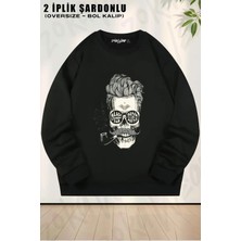 Unisex Pipo Içen Kuru Kafa Baskılı Oversize Bisiklet Yaka Sweatshirt