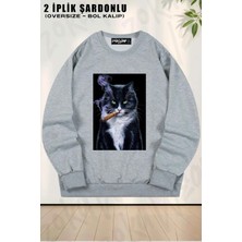 Unisex Puro Içen Karizmatik Kedi Baskılı Oversize Bisiklet Yaka Sweatshirt