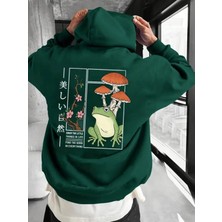 Punix Punıx Büyük Beden Özel Tasarım Kapüşonlu Kurbağa Mantarlar Sırt Baskılı Oversize Erkek Sweatshırt