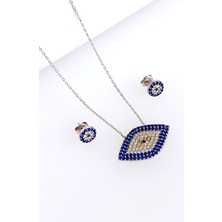 925 Ayar Gümüş Mavi Nazar Boncuk Kolye Küpe Kadın Set