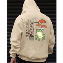 Punix Punıx Büyük Beden Özel Tasarım Kapüşonlu Kurbağa Mantarlar Sırt Baskılı Oversize Erkek Sweatshırt