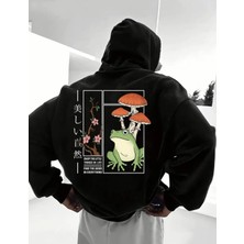 Punix Punıx Büyük Beden Özel Tasarım Kapüşonlu Kurbağa Mantarlar Sırt Baskılı Oversize Erkek Sweatshırt