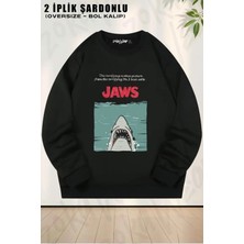 Unisex Jaws Retro Vhs Cover Baskılı Oversize Bisiklet Yaka Sweatshirt