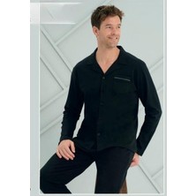 Over Sleep Erkek Siyah Interlok Önü Düğmeli Uzun Kollu Pijama Takımı 2229