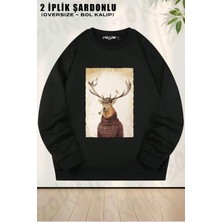 Unisex Pipo Içen Geyik Baskılı Oversize Bisiklet Yaka Sweatshirt