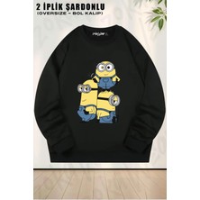 Unisex Minyonlar Baskılı Oversize Bisiklet Yaka Sweatshirt